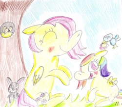 Size: 1553x1355 | Tagged: safe, artist:ptitemouette, character:fluttershy, oc, oc:rainbow peace, parent:fluttershy, parent:rainbow dash, parents:flutterdash, female, magical lesbian spawn, mother and daughter, next generation, offspring