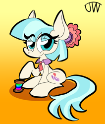 Size: 804x947 | Tagged: safe, artist:joeywaggoner, character:coco pommel, species:earth pony, species:pony, eye clipping through hair, female, gradient background, mare, one hoof raised, signature, sitting, smiling, solo, thread