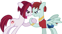 Size: 4519x2471 | Tagged: safe, artist:ironm17, character:cayenne, character:valley glamour, species:pegasus, species:pony, species:unicorn, angry, arm wrestling, clothing, hoofwrestle, jewelry, looking at each other, necklace, simple background, transparent background, vector