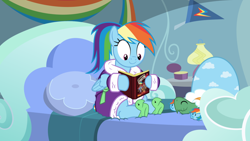 Size: 1024x576 | Tagged: safe, artist:phucknuckl, character:rainbow dash, character:tank, episode:tanks for the memories, g4, my little pony: friendship is magic, alternate hairstyle, bathrobe, bed, book, clothing, cute, dashabetes, dashie slippers, inkscape, ponytail, reading, robe, slippers, tank slippers, vector