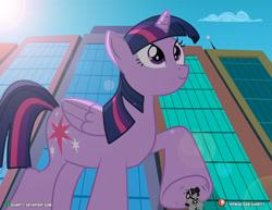 Size: 4000x3090 | Tagged: safe, artist:dieart77, character:twilight sparkle, character:twilight sparkle (alicorn), oc, oc:checkerboard, species:alicorn, species:pony, city, crushing, female, giant pony, macro, mega twilight sparkle, raffle winner, request, smiling, this will end in pain, this will not end well