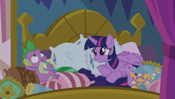 Size: 3840x2160 | Tagged: safe, artist:phucknuckl, character:spike, character:twilight sparkle, character:twilight sparkle (alicorn), species:alicorn, species:pony, bed, inkscape, pillow, pmv, twilight's bed, twilight's castle