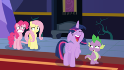 Size: 1920x1080 | Tagged: safe, artist:phucknuckl, character:fluttershy, character:pinkie pie, character:spike, character:twilight sparkle, character:twilight sparkle (alicorn), species:alicorn, species:pony, awkward smile, inkscape, laughing, pmv, twilight's castle, vector, video at source