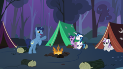 Size: 1920x1080 | Tagged: safe, artist:phucknuckl, character:night light, character:shining armor, character:spike, character:twilight sparkle, character:twilight velvet, campfire, camping, family, night, pmv, scary story, sparkle family, tents, video at source, younger