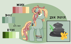 Size: 1487x926 | Tagged: safe, artist:ipandacakes, oc, oc:zen patch, parent:tree hugger, parent:zephyr breeze, parents:zephyrhugger, species:earth pony, species:pony, male, offspring, reference sheet, solo, stallion