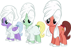 Size: 4033x2687 | Tagged: safe, artist:ironm17, character:dear darling, character:fond feather, character:swoon song, species:earth pony, species:pegasus, species:pony, species:unicorn, g4, background pony, bathrobe, bimbettes, clothing, female, mare, robe, simple background, slippers, smiling, towel, transparent background, trio, trio female, vector