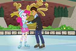 Size: 7000x4725 | Tagged: safe, artist:limedazzle, commissioner:imperfectxiii, character:pinkie pie, oc, oc:copper plume, my little pony:equestria girls, absurd resolution, canon x oc, clothing, coat, commission, copperpie, freckles, glasses, gloves, hat, holding hands, ice rink, ice skates, ice skating, leggings, neckerchief, pants, pantyhose, skirt, winter outfit