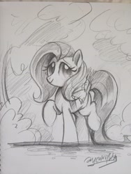 Size: 3456x4608 | Tagged: safe, artist:oofycolorful, character:fluttershy, species:pegasus, species:pony, cute, female, grayscale, looking at you, mare, monochrome, outdoors, pencil drawing, raised hoof, raised leg, saddle bag, shyabetes, simple background, sketch, smiling, solo, three quarter view, traditional art