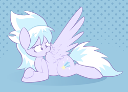 Size: 1376x994 | Tagged: safe, artist:typhwosion, character:cloudchaser, species:pegasus, species:pony, abstract background, biting, crossed hooves, female, mare, preening, prone, solo, spread wings, wing bite, wings