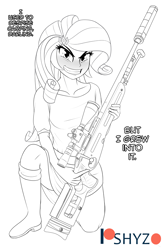 Size: 1052x1628 | Tagged: safe, artist:pshyzomancer, character:rarity, my little pony:equestria girls, black and white, blushing, female, grayscale, gun, gun safety, lineart, monochrome, solo, sv-98, text, trigger discipline, weapon