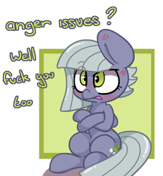 Size: 1506x1631 | Tagged: safe, artist:lou, character:limestone pie, species:earth pony, species:pony, angry, cross-popping veins, crossed arms, cute, eye clipping through hair, female, fuck you, grumpy, limabetes, madorable, mare, profane, sitting, speech, subversive kawaii, vulgar