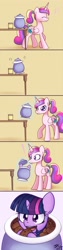 Size: 800x3187 | Tagged: safe, artist:solar-slash, character:princess cadance, character:twilight sparkle, species:alicorn, species:pony, species:unicorn, caught, cookie, cookie jar, cookie jar pony, cute, cutedance, exclamation point, eyes closed, female, filly, filly twilight sparkle, frown, hoof hold, magic, music notes, open mouth, raised eyebrow, smiling, sweat, sweet obsession, teen princess cadance, telekinesis, twiabetes, twilight stealing a cookie, walking, weapons-grade cute, wide eyes, younger