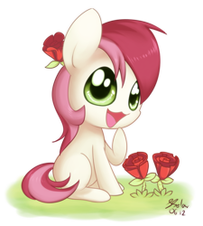 Size: 900x1000 | Tagged: safe, artist:solar-slash, character:roseluck, species:earth pony, species:pony, chibi, cute, female, flower, flower in hair, mare, rose, simple background, sitting, solo, transparent background
