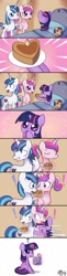 Size: 765x3125 | Tagged: safe, artist:solar-slash, character:princess cadance, character:shining armor, character:smarty pants, character:twilight sparkle, species:alicorn, species:pony, species:unicorn, bed, blushing, book, cake, cute, cutedance, exclamation point, eyes closed, female, filly, frown, grin, happy, hug, magic, nervous, now kiss, open mouth, puppy dog eyes, reading, shining adorable, sitting, smiling, sweat, sweet obsession, teen princess cadance, teenager, telekinesis, thought bubble, twiabetes, wide eyes