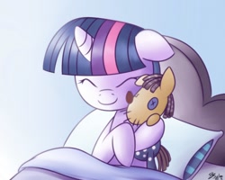 Size: 1000x800 | Tagged: safe, artist:solar-slash, character:smarty pants, character:twilight sparkle, species:pony, species:unicorn, bed, female, filly, filly twilight sparkle, floppy ears, gradient background, hug, pillow, smiling, solo, younger
