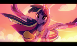 Size: 1920x1160 | Tagged: safe, artist:light262, character:twilight sparkle, character:twilight sparkle (alicorn), species:alicorn, species:pony, colored wings, female, flying, hoof shoes, mare, multicolored wings, older, older twilight, reaching out, solo, spread wings, ultimate twilight, underhoof, wings