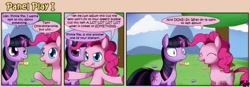 Size: 1400x489 | Tagged: safe, artist:solar-slash, character:pinkie pie, character:twilight sparkle, species:earth pony, species:pony, species:unicorn, comic, duo, duo female, female, fourth wall, mare, panel play, tongue out