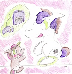 Size: 1642x1706 | Tagged: safe, artist:ptitemouette, oc, oc:rhyme mash, oc:squeezie, parent:button mash, parent:sweetie belle, parents:sweetiemash, brother and sister, female, gamecube, male, next generation, nintendo 64, offspring