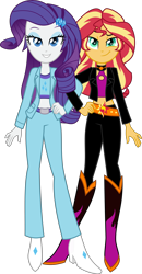 Size: 3632x7000 | Tagged: safe, artist:limedazzle, character:rarity, character:sunset shimmer, ship:sunsarity, g4, my little pony:equestria girls, boots, clothing, female, high heel boots, lesbian, looking at you, pants, shipping, shoes, simple background, smiling, tank top, transparent background