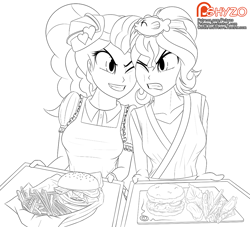 Size: 1014x919 | Tagged: safe, artist:pshyzomancer, character:pinkie pie, character:sunset shimmer, my little pony:equestria girls, black and white, burger, clothing, face to face, food, french fries, grayscale, happi, image in description, lineart, monochrome, patreon, patreon logo, sunset sushi, sushi, tray