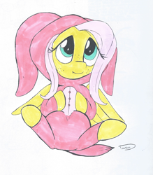 Size: 2005x2288 | Tagged: safe, artist:taurson, character:fluttershy, species:pegasus, species:pony, animal costume, bunny costume, bunnyshy, clothing, costume, female, freckles, kigurumi, looking up, mare, on back, simple background, smiling, solo, traditional art, white background, wings