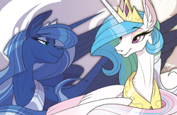 Size: 1500x971 | Tagged: safe, artist:probablyfakeblonde, character:princess celestia, character:princess luna, species:alicorn, species:pony, abstract background, bust, crown, duo, ear fluff, female, jewelry, lidded eyes, looking at each other, mare, portrait, regalia, royal sisters, sharp horn, smiling, spread wings, wings