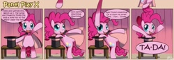 Size: 1400x489 | Tagged: safe, artist:solar-slash, character:pinkie pie, species:earth pony, species:pony, cape, clothing, comic, female, fourth wall, hat, magic trick, mare, now you're thinking with portals, panel play, portal, smiling, solo, stage, top hat