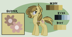 Size: 1024x530 | Tagged: safe, artist:ipandacakes, oc, oc:skipper, parent:derpy hooves, parent:doctor whooves, parents:doctorderpy, species:earth pony, species:pony, female, glasses, mare, offspring, reference sheet, solo