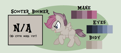 Size: 1563x685 | Tagged: safe, artist:ipandacakes, oc, oc:scooter boomer, parent:rumble, parent:scootaloo, parents:rumbloo, species:pegasus, species:pony, colt, male, offspring, reference sheet, solo