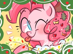 Size: 2048x1536 | Tagged: safe, artist:oofycolorful, character:pinkie pie, species:earth pony, species:pony, blep, cute, female, happy holidays, looking at you, mare, one eye closed, silly, solo, tongue out, wink