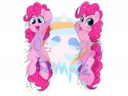 Size: 2048x1536 | Tagged: safe, artist:oofycolorful, character:pinkie pie, species:earth pony, species:pony, blep, body pillow, body pillow design, female, looking at you, looking back, looking back at you, obtrusive watermark, open mouth, plot, silly, solo, tongue out, watermark