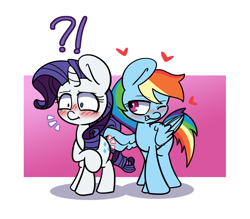 Size: 1518x1327 | Tagged: safe, artist:lou, character:rainbow dash, character:rarity, species:pegasus, species:pony, species:unicorn, ship:raridash, abstract background, blushing, butt touch, exclamation point, feathermarking, female, flirting, grin, heart, interrobang, lesbian, mare, one eye closed, question mark, shipping, smiling, tchernobog isn't involved for once, wings, wink