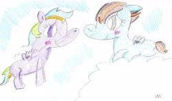Size: 2774x1643 | Tagged: safe, artist:ptitemouette, oc, oc:quick silver, oc:speed flash, parent:dumbbell, parent:firefly, parent:lightning dust, parent:rainbow dash, parents:dashfly, parents:lightningbell, species:pegasus, species:pony, blushing, female, filly, lesbian, next generation, oc x oc, offspring, offspring shipping, shipping, traditional art
