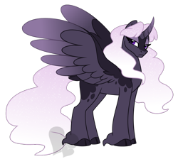 Size: 1090x977 | Tagged: safe, artist:faith-wolff, oc, oc only, oc:selena, parent:king sombra, parent:princess luna, parent:tempest shadow, species:alicorn, species:pony, alicorn oc, cloven hooves, female, gradient hair, magical threesome spawn, mare, multiple parents, next generation, simple background, solo, spread wings, three parents, transparent background, unshorn fetlocks, wings