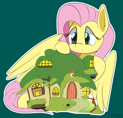 Size: 3215x3102 | Tagged: safe, artist:taurson, character:fluttershy, species:pegasus, species:pony, female, fluttershy's cottage, giant pony, macro, mare, solo, white outline