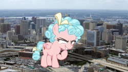 Size: 2000x1139 | Tagged: safe, artist:auskeldeo, artist:kuren247, edit, character:cozy glow, species:pegasus, species:pony, baltimore, cozy glow is best facemaker, female, filly, foal, freckles, giant pony, highrise ponies, irl, macro, maryland, photo, pure concentrated unfiltered evil of the utmost potency, raised hoof, smiling, smirk, solo, story in the source, story included, united states, vector, vector edit