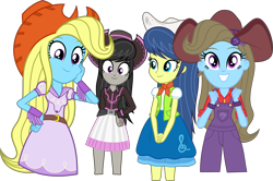 Size: 7029x4662 | Tagged: safe, artist:punzil504, character:beauty brass, character:blewgrass, character:fiddlesticks, character:octavia melody, character:pitch perfect, episode:five to nine, g4, my little pony: equestria girls, my little pony:equestria girls, absurd resolution, alternate costumes, apple family member, clothing, cowboy hat, cowgirl, cowgirl outfit, equestria girls-ified, female, hat, looking at you, overalls, quartet, simple background, skirt, smiling, stetson, transparent background, wip