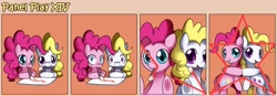 Size: 1400x489 | Tagged: safe, artist:solar-slash, character:pinkie pie, character:surprise, species:earth pony, species:pegasus, species:pony, g1, comic, duo, duo female, female, fourth wall, g1 to g4, generation leap, mare, mouth hold, panel play, prone