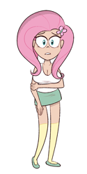 Size: 500x1000 | Tagged: safe, artist:scobionicle99, character:fluttershy, species:human, my little pony:equestria girls, big breasts, breasts, busty fluttershy, cleavage, clothing, female, hairpin, human coloration, lip bite, looking at you, miniskirt, shoes, simple background, skirt, socks, solo, tank top, thigh highs, white background