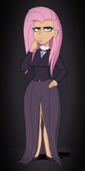 Size: 750x1500 | Tagged: safe, artist:scobionicle99, character:fluttershy, species:human, episode:fake it 'til you make it, clothing, ear piercing, eyeshadow, female, fluttergoth, gradient background, humanized, legs, long skirt, makeup, piercing, shoes, skirt, solo, thinking, unamused
