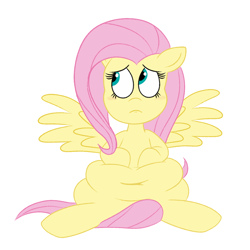 Size: 900x900 | Tagged: safe, artist:scobionicle99, character:fluttershy, species:pegasus, species:pony, belly, belly button, big belly, blushing, chubby, chubbyshy, embarrassed, explicit source, fat, fattershy, female, floppy ears, hoof on belly, simple background, sitting, solo, spread wings, squishy, white background, wings