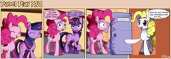 Size: 1400x489 | Tagged: safe, artist:solar-slash, character:pinkie pie, character:surprise, character:twilight sparkle, species:earth pony, species:pegasus, species:pony, species:unicorn, g1, comic, door, female, g1 to g4, generation leap, mare, panel play, pinkie sense, walking