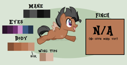 Size: 1506x771 | Tagged: safe, artist:ipandacakes, oc, oc:finch, parent:apple bloom, parent:tender taps, parents:tenderbloom, species:pony, adopted offspring, amputee, colt, male, reference sheet, solo