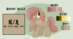 Size: 1650x876 | Tagged: safe, artist:ipandacakes, oc, oc:nessie belle, parent:button mash, parent:sweetie belle, parents:sweetiemash, species:pony, species:unicorn, female, filly, offspring, reference sheet, solo