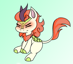 Size: 651x565 | Tagged: safe, artist:pencil bolt, character:autumn blaze, species:kirin, episode:sounds of silence, g4, my little pony: friendship is magic, angry, awwtumn blaze, blue background, cloven hooves, cute, eyes closed, female, grumpy, madorable, red face, simple background