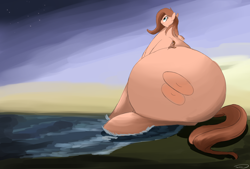 Size: 3496x2362 | Tagged: safe, artist:taurson, oc, oc only, oc:bagel, oc:coffee, species:pegasus, species:pony, beach, giant pony, huge butt, impossibly large butt, large butt, looking up, macro, ocean, sand, sitting, stars