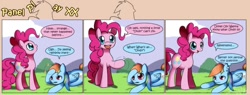 Size: 1400x530 | Tagged: safe, artist:solar-slash, character:pinkie pie, character:rainbow dash, species:earth pony, species:pegasus, species:pony, comic, duo, duo female, female, fourth wall, mare, panel play, prone