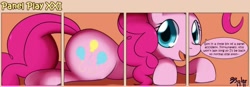 Size: 1400x489 | Tagged: safe, artist:solar-slash, character:pinkie pie, species:earth pony, species:pony, comic, female, fourth wall, mare, panel play, prone, solo