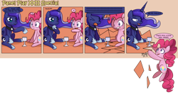 Size: 1700x929 | Tagged: safe, artist:solar-slash, character:pinkie pie, character:princess luna, species:alicorn, species:earth pony, species:pony, comic, crack, duo, duo female, female, glass, mare, panel play, sitting, traditional royal canterlot voice, yelling