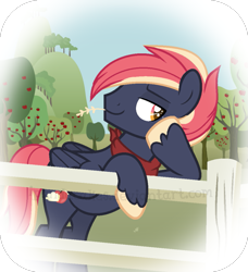 Size: 893x979 | Tagged: safe, artist:ipandacakes, oc, oc only, oc:carter blue, parent:big macintosh, parent:soarin', parents:soarmac, species:pegasus, species:pony, apple tree, fence, magical gay spawn, male, offspring, solo, stallion, straw in mouth, tree